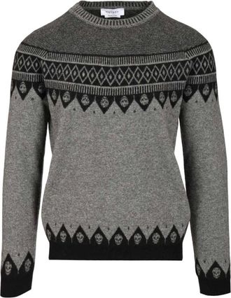 Alexander McQueen Truien & Vesten, Heren, Grijs, S, Wol, Jacquard Pattern With Skulls Sweater