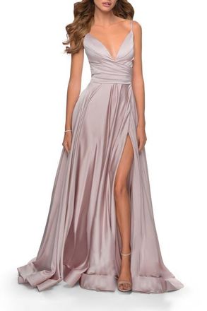 La Femme Long Satin Dress with Side Slit and V Shaped Back in Mauve at Nordstrom, Size 18