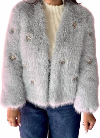 Dolce Cabo Embellished Rhinestone Flower Faux Fur Jacket In Grey