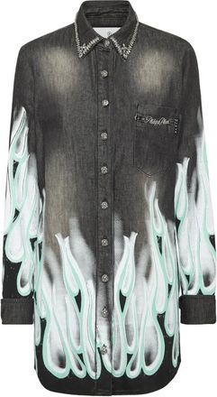 Philipp Plein Flame Racing Denim Shirt - Dames - Spijkeroverhemden - Grijs - M - Denim - Overhemden