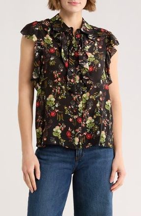 Alice & Olivia Floral Print Ruffle Blouse in Blush Kiss Black at Nordstrom Rack, Size X-Small