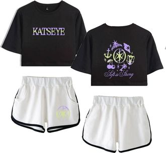 Generic Katseye Merch Soft is Strong Katseye Touch Tops Women Midriff-Baring Fitted Crop Sets Gym Shirt Short Pants (1,XS)