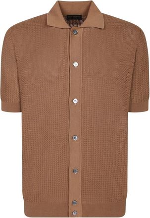Dell'Oglio Crochet Short Sleeve Shirt - Heren - Korte mouwen Overhemden - Bruin - M - Overhemden