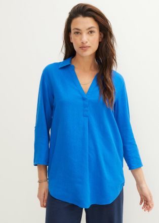 Bonprix Langarmbluse BONPRIX 3/4-Arm Bluse mit Leinen, Damen, Gr. 34, blau (azurblau), Web, Obermaterial: 55% Leinen, 45% Viskose, unifarben, figurumspielend 