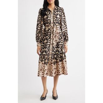 Julia Jordan Print Tie Waist Midi Shirtdress in Black/brown at Nordstrom, Size 12