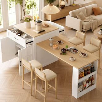 Merax Extendable Kitchen Island with Pull-Out Dining Table Dual-Side Drawers in White