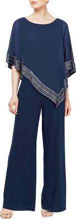 S.L. Fashions Foil Trim Asymmetric Popover Capelet Jumpsuit in Navy/silver at Nordstrom, Size 10