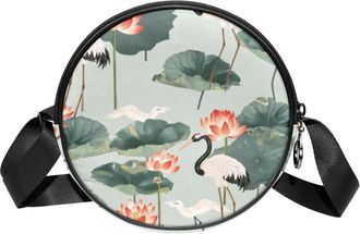 Generic Circle Crossbody Bag for Women, Lotuses Cranes Small Sling Bag Daypack with Zipper Adjustable Shoulder Straps Casual Ladies Girls Round Purse