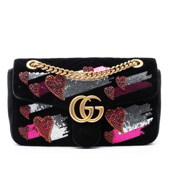 Gucci Pre-owned Womens Medium Gg Marmont Matelasse Velvet Sequin Embellished Shoulder Bag - Black Textile - One Size