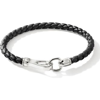 John Hardy Mens Braided Leather Bracelet in Black/Silver at Nordstrom, Size Xx-Large
