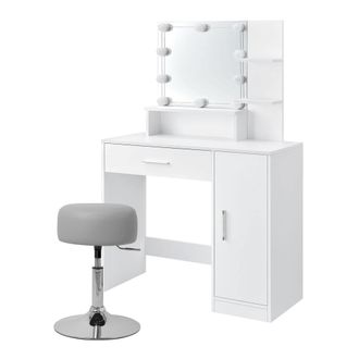 ML Design Ml-design Tocador Con Taburete Con Luz Led Espejo 1 Caj&oacute;n 3 Compartimentos 90x38x137 Cm Blanco Fabricado En Madera Mdf Mesa De Peluquer&iacute;a C&oacute;moda Para 