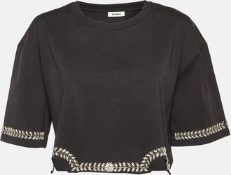 Sandro Black Cotton Rhinestone Embellished Larry Crop Top