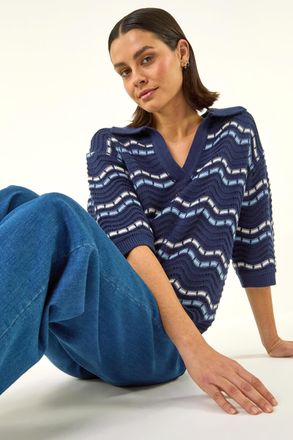 Roman Stripe Wave Knit Polo Top