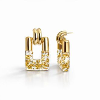 Gold & Honey Womens Rectangle Door Knocker Earrings In Clear Gold Leaf