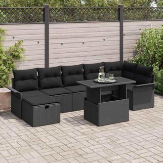 vidaXL Conjunto De Sof&aacute; De Jard&iacute;n Con Coj&iacute;n 8 Pcs Negro Polirat&aacute;n