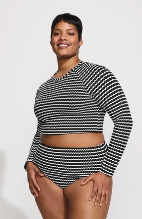 Lands End Crochet Long Sleeve Bikini Top and High Waisted Bottoms Swimsuit Set in Black/white at Nordstrom, Size 3 X