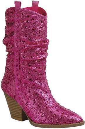 Forever Link Womens Rhinestone Cowboy Boots Western Mid Calf Boots, Fuchsia Rhinestone, 4.5 UK
