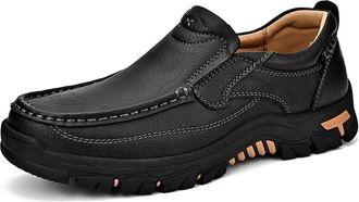Generic Men Slip on Loafers, Leather Hiking Shoes, Waterproof Causal Sneakers, Work Walking Slippers, Easy Wear on/Off, for Travel, Camping, Running Black 7