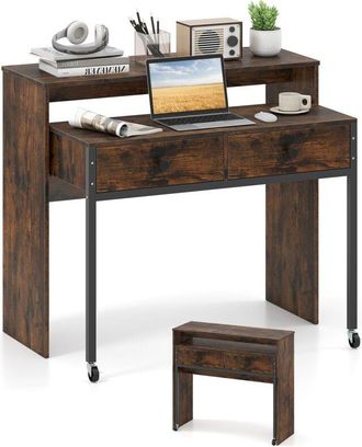 Costway Scrivania per Computer, Tavolo Salvaspazio Retrattile con Cassetti e Ruote Universali Bloccabile, 100 x 63 x 88 cm, Desk Gaming per Ufficio