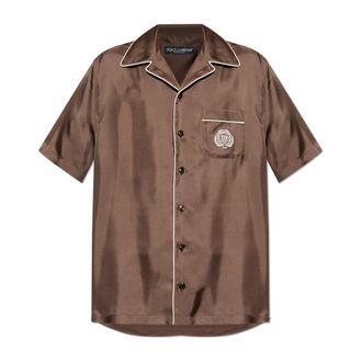 Dolce & Gabbana Zijden shirt met zak - Heren - Korte mouwen Overhemden - Bruin - XL - Leer - Overhemden