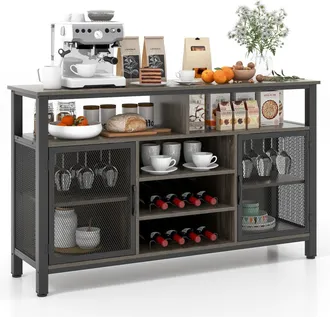 Costway Costway Industrial Wine Bar Cabinet 140cm Buffet Sideboard with 8-Bottle Wine Racks in Grey