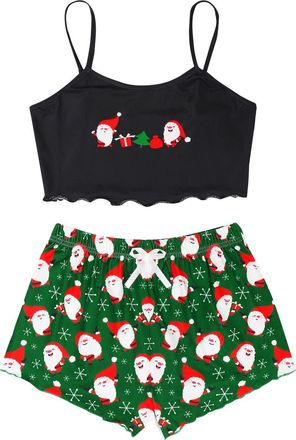Generic Womens Christmas Pajama Set Sleepwear Set Christmas Pattern Christmas Santa Deers Print Top Vest and Shorts Hot Pants Xmas Thin Nightwear Sexy PJs