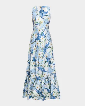 Sachin & Babi Rori Tiered Floral-Print Mikado Gown