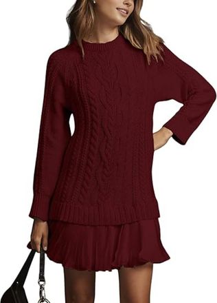 Generic Women Crewneck Cable Knit Sweater Mini Dress, 2025 New Casual Long Sleeve Pleated Mini Dress Chiffon Patchwork (Red,L)