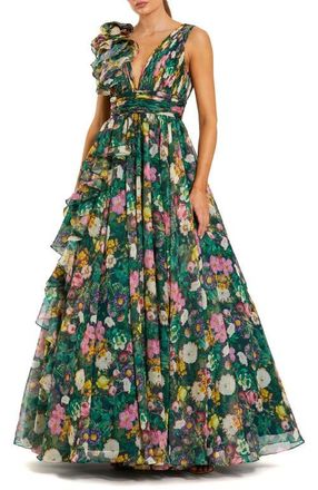 Mac Duggal Ruffle Shoulder V-Neck Printed Chiffon Gown in Deep Green Multi at Nordstrom, Size 10