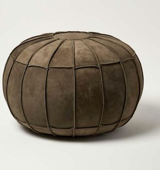 Homescapes Brown Leather & Suede Round Pouffe Footstool