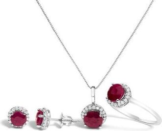 House of Brilliance 10K Gold Gemstone and 3/8 Cttw Diamond Halo Jewelry Set in White | Red Ruby at Nordstrom