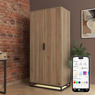 X Rocker Denver 2 Door Wardrobe With LED App Control Lights in Light Oak