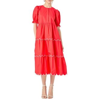 English Factory Contrast Scalloped Trim Cotton Midi Dress in Red/White at Nordstrom, Size X-Small