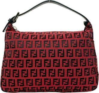 Fendi Black Red Color Canvas Leather Handbag Tote Bag (Pre-Owned)