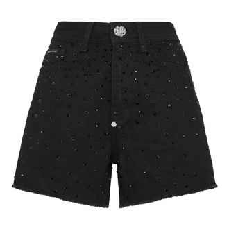 Philipp Plein Korte Broeken, Dames, Zwart, W28, Denim, Denim Hot Pants Crystal Rain