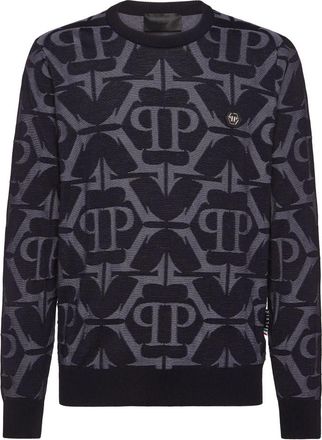 Philipp Plein Pullover Round Neck Chrome - Heren - Ronde hals truien - Blauw - 3XL - Wol - Truien & Vesten