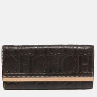 Carolina Herrera Brown/beige Monogram Embossed Leather Continental Wallet