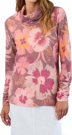 FDJ Long Sleeve Cowl Neck Top In Coral Fall Botanical