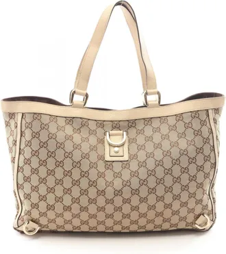 Gucci Beige Ivory Canvas Leather Handbag Tote Bag (Pre-Owned)