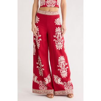 Alice & Olivia Athena Embroidered Wide Leg Linen Pants in Serenade Dark Cherry at Nordstrom Rack, Size 4