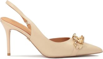 Kazar Nude pumps met open hiel en een grote metalen ketting - Dames - Pumps - Beige - 36 EU - Leer - Schoenen