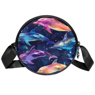 Generic Circle Crossbody Bag for Women, Colorful Dolphin Small Sling Bag Daypack with Zipper Adjustable Shoulder Straps Casual Ladies Girls Round Purse