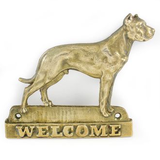 OEM Perro Argentino, Dogo Argentino - Un Cartel Para Puerta Con Un Perro, Una Placa De Bienvenida De Lat&oacute;n, Un Cartel &Uacute;nico Con La Inscripci&oacute;n Welcome De 