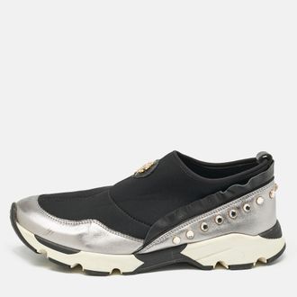 Roberto Cavalli Black/Silver Nylon and Leather Crystal Embellished Slip On Sneakers Size 38