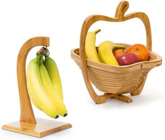 Relaxdays 2-piece fruit set, banana holder, fruit basket, fruit bowl, fruit stand, folding basket, decorative bowl, bamboo