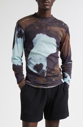 Homme Plissé Issey Miyake Agate Print Sheer Mesh Long Sleeve Shirt in Brown at Nordstrom, Size 4