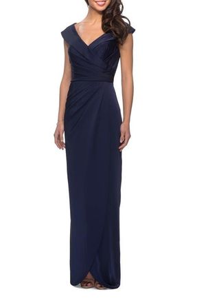 La Femme Long Jersey Dress with Ruching and Cap Sleeves in Navy at Nordstrom, Size 20
