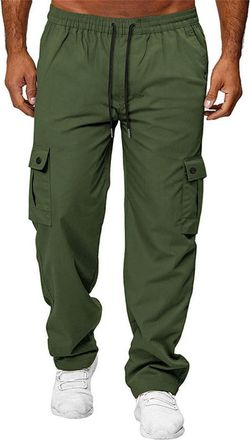 Generic Mens Casual Cargo Trousers Smart Trousers Multi-Pocket Drawstring Elastic Waist Loose Fit Outdoor Work Daily Lounge Pants Army Green