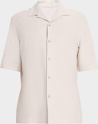 Brunello Cucinelli Mens Cotton and Silk Textured Stripe Camp Shirt
