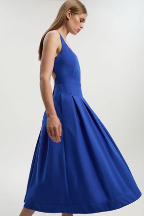 Karen Millen Womens Petite Tailored Scuba Strappy Full Skirted Midi Dress - Blue - Size 16 UK